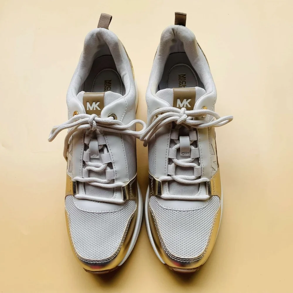 Michael Kors White and Gold Platform Wedge Sneakers